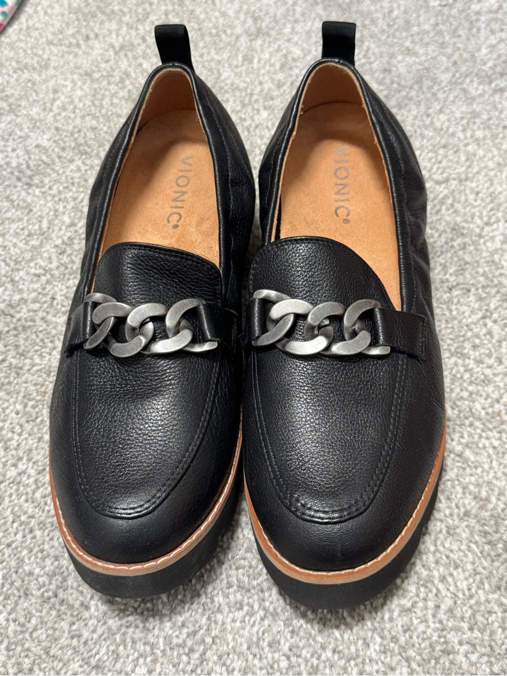 Vionic Black Leather Loafers with Silver Chain Accent